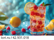 Spring or summer refreshing cold cocktail or mocktail with berries and lemon, raspberry lemonade. Стоковое AI-изображение, AI-художник Ирина Михайличенко / Фотобанк Лори