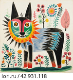 An abstract, vibrant and cartoonish drawing of a wolf with incongruous body sizes and shapes. The dog's head is depicted with large, multi-colored and asymmetrical eyes. Стоковое AI-изображение, AI-художник Анна Кривицкая / Фотобанк Лори