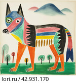 An abstract, vibrant and cartoonish drawing of a wolf with incongruous body sizes and shapes. The dog's head is depicted with large, multi-colored and asymmetrical eyes. Стоковое AI-изображение, AI-художник Анна Кривицкая / Фотобанк Лори