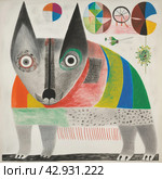 An abstract, vibrant and cartoonish drawing of a wolf with incongruous body sizes and shapes. The dog's head is depicted with large, multi-colored and asymmetrical eyes. Стоковое AI-изображение, AI-художник Анна Кривицкая / Фотобанк Лори