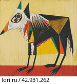 An abstract, vibrant and cartoonish drawing of a wolf with incongruous body sizes and shapes. The dog's head is depicted with large, multi-colored and asymmetrical eyes. Стоковое AI-изображение, AI-художник Анна Кривицкая / Фотобанк Лори