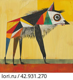 An abstract, vibrant and cartoonish drawing of a wolf with incongruous body sizes and shapes. The dog's head is depicted with large, multi-colored and asymmetrical eyes. Стоковое AI-изображение, AI-художник Анна Кривицкая / Фотобанк Лори