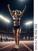 Cheerleaders at stadium. Portrait of beautiful Asian woman in sportswear looking at camera. Стоковое AI-изображение, AI-художник Tae Mi / Фотобанк Лори