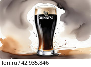 Glass of Guinness beer in watercolor style. Стоковое AI-изображение, AI-художник Александр Довянский / Фотобанк Лори