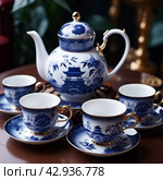 Чайный сервиз с гжельской росписью, гжельская посуда | Tea set with Gzhel painting, Gzhel dishes. Стоковое AI-изображение, AI-художник Данил Рыбаков / Фотобанк Лори