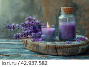 An atmosphere of calm and relaxation, depicting a wooden tray with two purple candles and fresh lavender flowers. One candle burns, adding warmth and coziness to the scene, while the second candle is corked, locking in the scent. Lavender placed nearby and on the tray adds color and is reminiscent of summer and nature. Стоковое AI-изображение, AI-художник Анна Кривицкая / Фотобанк Лори