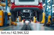 A red and white car is being assembled in a factory. Стоковое AI-изображение, AI-художник Юрий Поздников / Фотобанк Лори