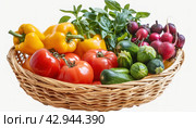 The basket contains a variety of plantbased foods like vegetables. Стоковое AI-изображение, AI-художник Юрий Поздников / Фотобанк Лори