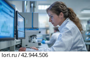 A female scientist works on a computer in the lab for her engineering job. Стоковое AI-изображение, AI-художник Юрий Поздников / Фотобанк Лори