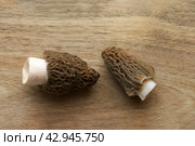 Spring morels on a cutting board. View from above. Macro. Стоковое фото, фотограф Роман Дзюбало / Фотобанк Лори