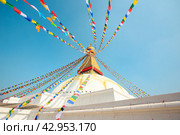 Prayer buddhist flags fluttering in the wind on the Boudhanath stupa in Kathmandu, Nepal (2018 год). Стоковое фото, фотограф VittoriaChe / Фотобанк Лори