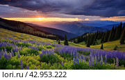 Breathtaking View. Serene Alpine Meadows Awash in Morning Light with Vibrant Blooms. Стоковое AI-изображение, AI-художник Александр Довянский / Фотобанк Лори
