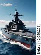 Battleship warship corvette sailing in blue open sea. Military ship floats at skyline scenery, military control of sea. Protection of water state borders. Naval forces army concept. Copy ad text space. Стоковое AI-изображение, AI-художник Aleksandr Golubev / Фотобанк Лори