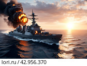 Modern warship is burning on high seas after being hit by missile at sunset background. Scenery of battle battleship on protection of water state borders. Naval forces army concept. Copy ad text space. Стоковое AI-изображение, AI-художник Aleksandr Golubev / Фотобанк Лори