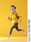 3d male runner in glasses isolated on yellow background. Marathon athlete. Vertical layout. Стоковое AI-изображение, AI-художник Катерина Ковалева / Фотобанк Лори
