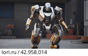 High-resolution 4K depiction of a sleek, humanoid robot resembling a Transformer, in an industrial setting, showcasing advanced robotic engineering. Стоковое AI-видео, аниматор Lena Bereberdina / Фотобанк Лори