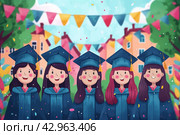 Smiling graduates in caps lined up at a festive celebration. Graduation time in educational institutions. Стоковое AI-изображение, AI-художник Мария Фадеева / Фотобанк Лори