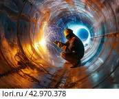 Welder at Work in Industrial Pipeline. Стоковое AI-изображение, AI-художник Кирилл Черезов / Фотобанк Лори