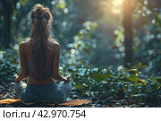 Back of woman relaxingly practicing meditation yoga in the forest to attain happiness from inner peace wisdom serenity with beam of sun light for healthy mind wellbeing and wellness soul concept. Стоковое AI-изображение, AI-художник Ирина Михайличенко / Фотобанк Лори