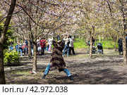 Женщина фотографирует цветущие ветки сакуры (2024 год). Редакционное фото, фотограф Андрей Иванов / Фотобанк Лори