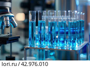 Modern Medical Research Laboratory. Scientific Lab Biotechnology. Equipment of that used in laboratories, hospitals, research labs, industry etc. Analysis of solvents, drugs, residues, pharmaceuticals. Стоковое AI-изображение, AI-художник Марина Демидюк / Фотобанк Лори