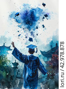 Watercolor painting of a graduate tossing cap near traditional Asian architecture. Graduation time in educational institutions. Стоковое AI-изображение, AI-художник Мария Фадеева / Фотобанк Лори