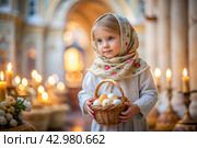 Happy bright Easter. Christianity. Portrait of a three-year-old girl in a Russian folk dress and shawl with a wicker basket with Easter eggs in her hands against the background of an Orthodox church. Стоковое AI-изображение, AI-художник Photojuli / Фотобанк Лори