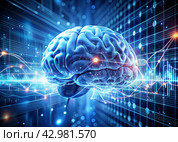 Digital technologies of the future. Artificial intelligence. The brain and digital codes on a virtual screen. The image was created using artificial intelligence. Стоковое AI-изображение, AI-художник Photojuli / Фотобанк Лори