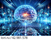 Digital technologies of the future. Artificial intelligence. The brain and digital codes on a virtual screen. The image was created using artificial intelligence. Стоковое AI-изображение, AI-художник Photojuli / Фотобанк Лори