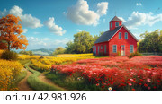 A quaint red cabin nestles in a sea of bright sunflowers, with a rustic wooden fence leading the way under. Стоковое AI-изображение, AI-художник Юлия Гапеенко / Фотобанк Лори