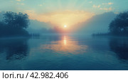 Sun Setting Over Calm Lake. Стоковое AI-изображение, AI-художник Юлия Гапеенко / Фотобанк Лори