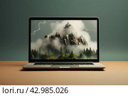 Photo of open laptop screen on black surface. Generate ai. Стоковое AI-изображение, AI-художник Иван Рябоконь / Фотобанк Лори