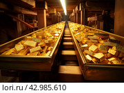 Heavy Piles gold bar conveyor debt. Generate Ai. Стоковое AI-изображение, AI-художник Иван Рябоконь / Фотобанк Лори