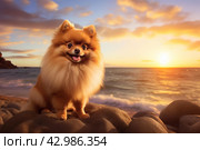Fluffy Pomeranian dog cooling off. Generate ai. Стоковое AI-изображение, AI-художник Иван Рябоконь / Фотобанк Лори