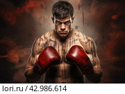 Focused Sport boxer man alone in locker room. Generate ai. Стоковое AI-изображение, AI-художник Иван Рябоконь / Фотобанк Лори