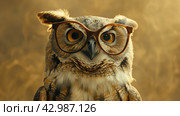 Closeup of a screech owl with glasses perched on a branch. Стоковое AI-изображение, AI-художник Юрий Поздников / Фотобанк Лори