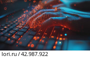 Hands typing on illuminated laptop keyboard in dark at home office. Hacker uses keyboard, shakes buttons with fingers to crack password. Internet security concept, cyber attack. Neon orange color. Стоковое AI-видео, аниматор Ирина Михайличенко / Фотобанк Лори