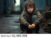 Sad boy living in poverty at village street. Generate ai. Стоковое AI-изображение, AI-художник Иван Рябоконь / Фотобанк Лори