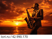 Saxophonist sunset play. Generate Ai. Стоковое AI-изображение, AI-художник Иван Рябоконь / Фотобанк Лори
