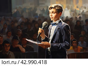 Articulate Journalist with microphone. Generate Ai. Стоковое AI-изображение, AI-художник Иван Рябоконь / Фотобанк Лори