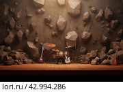 Musical Rock day electric guitar stone background. Generate Ai. Стоковое AI-изображение, AI-художник Иван Рябоконь / Фотобанк Лори