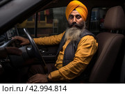 Determined Sikh adult taxi driver city street. Generate AI. Стоковое AI-изображение, AI-художник Иван Рябоконь / Фотобанк Лори