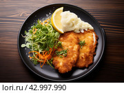 Crispy Pork schnitzel mushroom plate. Generate Ai. Стоковое AI-изображение, AI-художник Иван Рябоконь / Фотобанк Лори