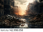 Ruined Destroyed city buildings. Generate AI. Стоковое AI-изображение, AI-художник Иван Рябоконь / Фотобанк Лори