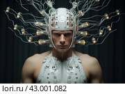 High-tech Man with brain electrodes futuristic helmet. Generate ai. Стоковое AI-изображение, AI-художник Иван Рябоконь / Фотобанк Лори