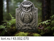Nocturnal Owl on cemetery gravestone in darkness. Generate ai. Стоковое AI-изображение, AI-художник Иван Рябоконь / Фотобанк Лори