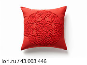 Conspicuous Red bright pillow isolated on white background. Generate Ai. Стоковое AI-изображение, AI-художник Иван Рябоконь / Фотобанк Лори
