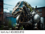 Metallic Robotic dinosaur urban street square. Generate Ai. Стоковое AI-изображение, AI-художник Иван Рябоконь / Фотобанк Лори