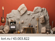 Vibrant Rock day electric guitar stone background. Generate Ai. Стоковое AI-изображение, AI-художник Иван Рябоконь / Фотобанк Лори