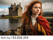 Tartan-clad Scot woman skirt scottish castle. Generate Ai. Стоковое AI-изображение, AI-художник Иван Рябоконь / Фотобанк Лори